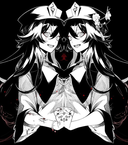 Anime picture 750x853 with genshin impact hu tao (genshin impact) lebruitestmoi long hair tall image looking at viewer fringe open mouth simple background smile hair between eyes multiple girls holding hands black background symbol-shaped pupils monochrome portrait dual persona interlocked fingers injury