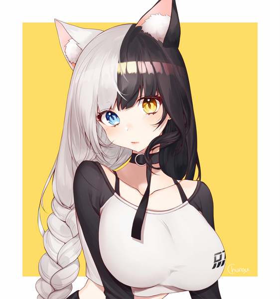 Anime picture 1500x1600 with original chungu single long hair tall image looking at viewer blush fringe breasts blue eyes black hair simple background hair between eyes large breasts signed animal ears yellow eyes silver hair upper body braid (braids)