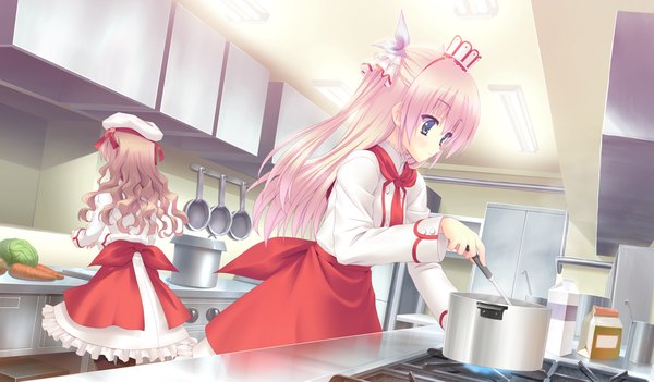 Anime picture 1024x600 with houkago kitchen long hair blonde hair brown hair wide image multiple girls green eyes game cg cooking girl 2 girls hat