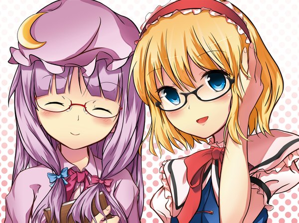 Anime picture 1659x1239 with touhou patchouli knowledge alice margatroid sarekoube (artist) long hair blush short hair open mouth blue eyes blonde hair smile multiple girls purple hair eyes closed crescent girl bow 2 girls hair bow glasses