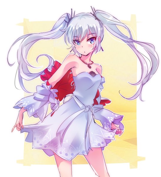 Anime-Bild 4546x5000 mit rwby rooster teeth weiss schnee iesupa single long hair tall image looking at viewer highres breasts blue eyes simple background twintails bare shoulders absurdres silver hair parted lips wide sleeves :o border