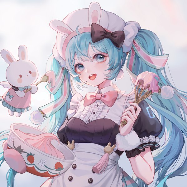 Anime picture 2048x2048 with vocaloid hatsune miku rabbit yukine jing li single long hair looking at viewer fringe highres open mouth simple background smile hair between eyes white background twintails holding upper body ahoge :d aqua eyes
