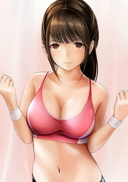 Anime picture 703x1000 with love plus anegasaki nene nannacy7 single long hair tall image looking at viewer breasts light erotic black hair brown eyes cleavage upper body light smile midriff girl navel wristlet sports bra