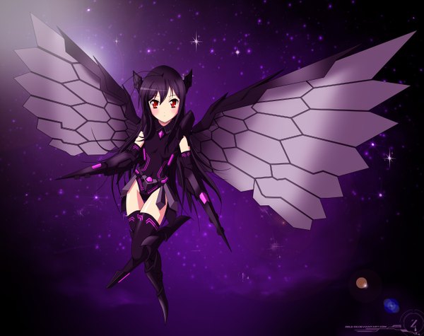 Anime picture 2700x2138 with accel world sunrise (studio) kuroyukihime single long hair looking at viewer blush highres black hair red eyes girl thighhighs wings bodysuit