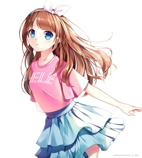 Anime-Bild 900x1000 mit original eleanorquinn single long hair tall image looking at viewer blush blue eyes simple background brown hair white background signed clothes writing girl skirt bow frills hairband t-shirt