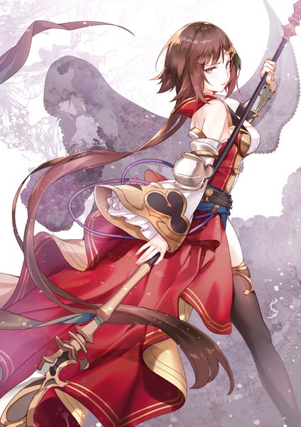 Anime picture 744x1052 with granblue fantasy leona (granblue fantasy) aki663 tall image looking at viewer breasts brown hair standing white background bare shoulders holding green eyes signed long sleeves very long hair parted lips head tilt wide sleeves tears turning head