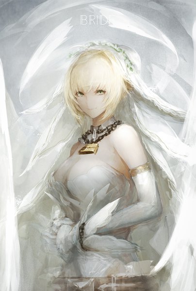 Anime picture 887x1315 with fate (series) fate/extra fate/extra ccc nero claudius (fate) (all) nero claudius (fate) nero claudius (bride) (fate) marumoru single tall image looking at viewer fringe short hair breasts simple background blonde hair smile hair between eyes large breasts white background bare shoulders