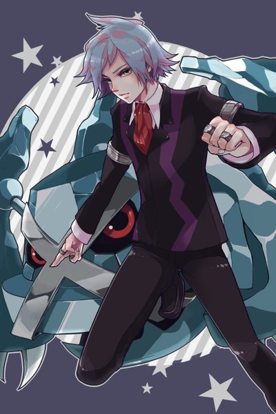 Anime picture 2000x3000 with pokemon nintendo steven stone metagross tagme (artist) single tall image looking at viewer highres short hair yellow eyes grey hair grey background gen 3 pokemon boy star (symbol) ring neckerchief