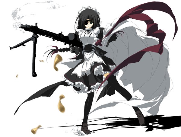 Anime picture 3680x2787 with moekan highres white background maid gun eyepatch
