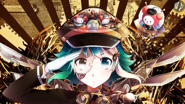 Anime-Bild 1920x1080 mit vocaloid gumi nou siimeo single looking at viewer fringe highres short hair wide image brown eyes green eyes upper body green hair alternate costume multicolored eyes salute mechanical wings girl gloves