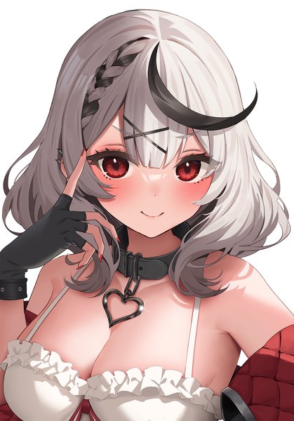 Anime picture 1500x2150 with virtual youtuber hololive sakamata chloe sakamata chloe (1st costume) pretty mundane single tall image looking at viewer blush fringe short hair breasts light erotic simple background smile red eyes large breasts white background cleavage silver hair