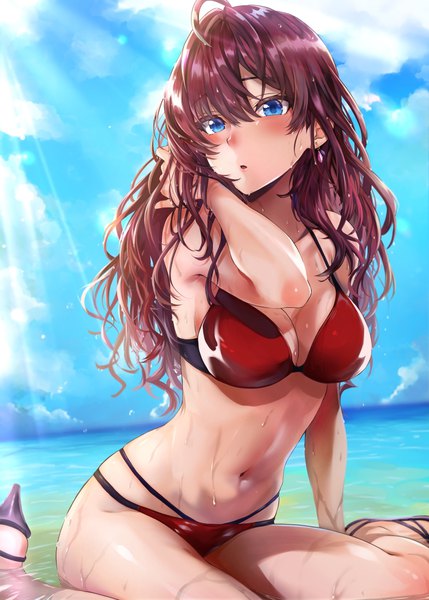 Anime picture 800x1119 with idolmaster idolmaster cinderella girls ichinose shiki simon (n.s craft) single long hair tall image looking at viewer blush fringe breasts open mouth blue eyes light erotic hair between eyes brown hair sitting sky cleavage cloud (clouds)