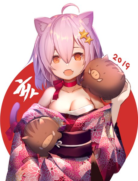Anime picture 1000x1311 with original rk (rktorinegi) single tall image looking at viewer fringe breasts open mouth light erotic hair between eyes red eyes animal ears pink hair cleavage ahoge traditional clothes :d japanese clothes cat ears fang (fangs)