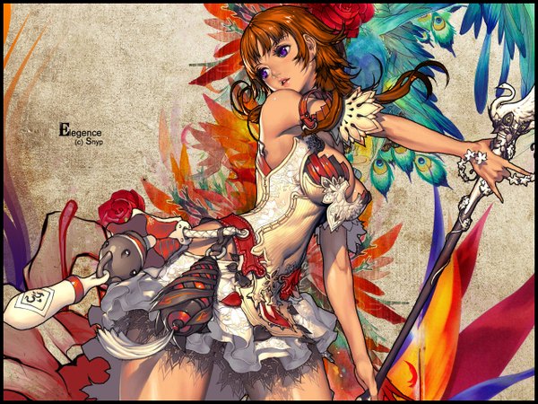 Anime picture 1280x960 with snyp (r0pyns) single purple eyes cleavage orange hair framed girl feather (feathers) staff
