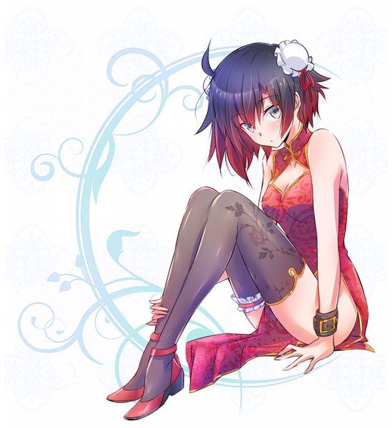 Anime picture 1280x1400 with rwby rooster teeth ruby rose iesupa single tall image looking at viewer short hair breasts light erotic black hair simple background white background sitting ahoge bent knee (knees) red hair traditional clothes head tilt multicolored hair