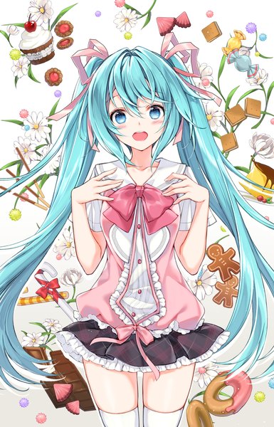 Anime picture 1030x1604 with vocaloid hatsune miku juna single long hair tall image looking at viewer blush fringe open mouth blue eyes hair between eyes standing twintails blue hair :d girl thighhighs skirt flower (flowers)
