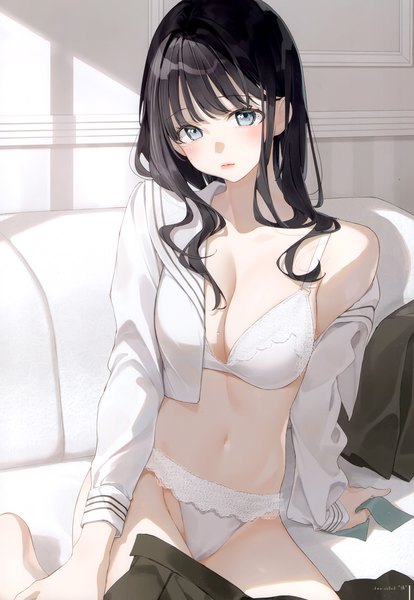 Anime picture 2405x3485 with original kinako (shiratama mochi) single long hair tall image looking at viewer blush fringe highres breasts blue eyes light erotic black hair sitting indoors long sleeves head tilt scan off shoulder open clothes