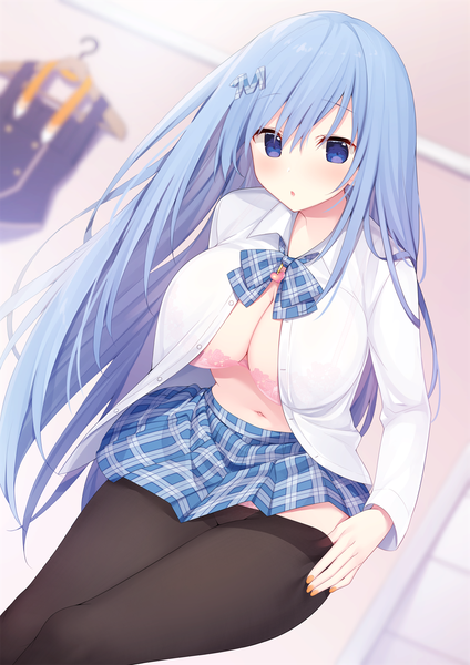 Anime-Bild 1358x1920 mit original emori miku project emori miku miko (royal milk) single long hair tall image looking at viewer blush fringe breasts open mouth blue eyes light erotic hair between eyes large breasts standing blue hair cleavage indoors