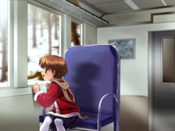 Anime picture 1024x768 with clannad key (studio) okazaki ushio mutsuki (moonknives) short hair brown hair brown eyes train interior pantyhose white pantyhose winter clothes train