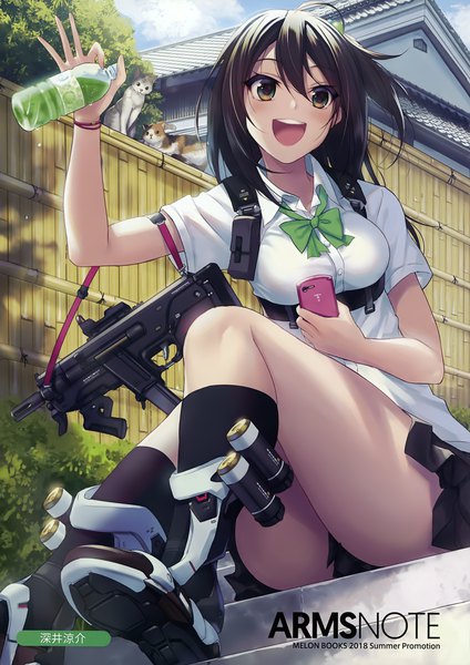 Anime picture 2474x3500 with melonbooks arms note fukai ryosuke single long hair tall image looking at viewer blush fringe highres breasts open mouth light erotic black hair smile hair between eyes sitting holding brown eyes sky