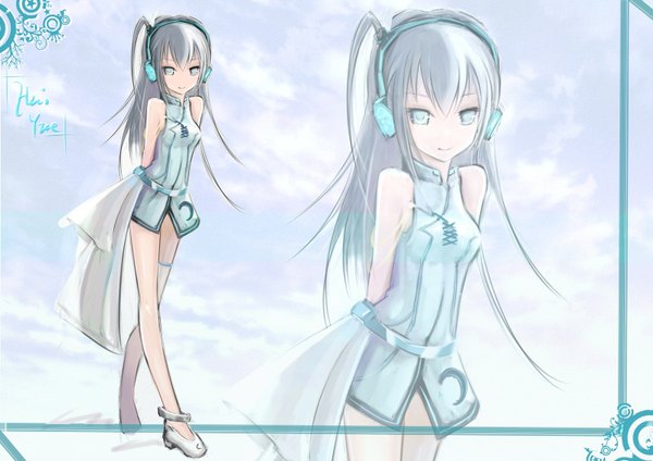 Anime picture 1600x1132 with utau wangchuan de quanyan single long hair looking at viewer bare shoulders silver hair light smile silver eyes zoom layer girl dress shoes headphones