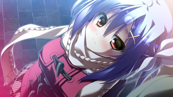 Anime picture 1280x720 with 12 no tsuki no eve shiina anzu looking at viewer blush short hair red eyes wide image blue hair game cg light smile girl bow hair bow jacket scarf