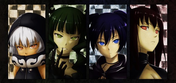 Anime picture 1897x900 with black rock shooter black rock shooter (character) dead master strength (black rock shooter) black gold saw oukamo long hair looking at viewer highres short hair blue eyes black hair smile red eyes wide image twintails multiple girls green eyes looking away white hair