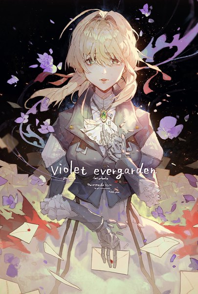Anime-Bild 1020x1510 mit violet evergarden kyoto animation violet evergarden (character) kuroduki (pieat) single long hair tall image looking at viewer fringe breasts simple background blonde hair standing holding green eyes ahoge parted lips puffy sleeves copyright name black background
