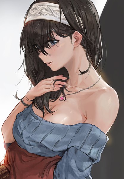Anime picture 900x1294 with idolmaster idolmaster cinderella girls sagisawa fumika modare single tall image looking at viewer blush short hair breasts blue eyes light erotic black hair large breasts cleavage parted lips head tilt lips girl bracelet