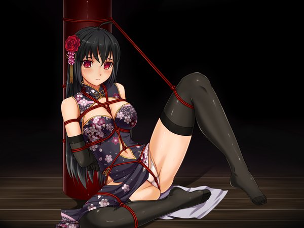 Anime picture 2000x1500 with original midnight (artist) single long hair blush fringe highres breasts light erotic black hair red eyes bent knee (knees) traditional clothes hair flower spread legs chinese clothes bondage girl thighhighs gloves