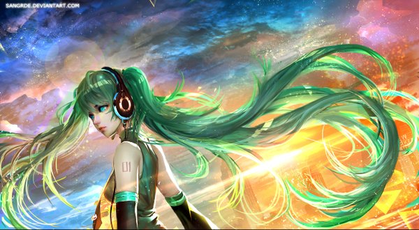 Anime picture 2500x1377 with vocaloid hatsune miku sangrde single fringe highres blue eyes wide image twintails very long hair green hair tattoo evening sunset girl detached sleeves headphones