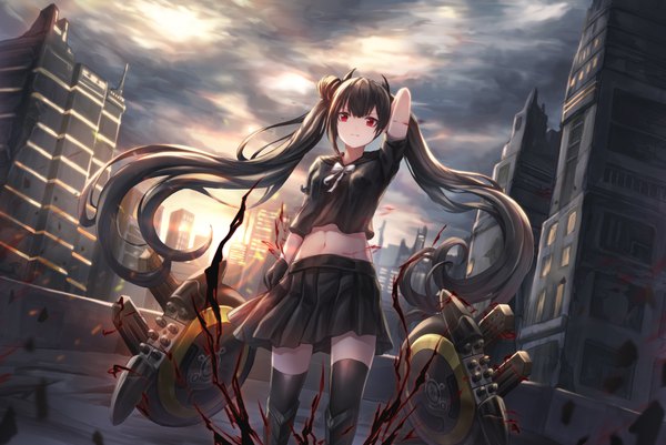 Anime picture 1120x750 with girls frontline ouroboros (girls frontline) lunacle single long hair looking at viewer black hair red eyes standing twintails cloud (clouds) outdoors pleated skirt arm up horn (horns) midriff hair bun (hair buns) zettai ryouiki floating hair city