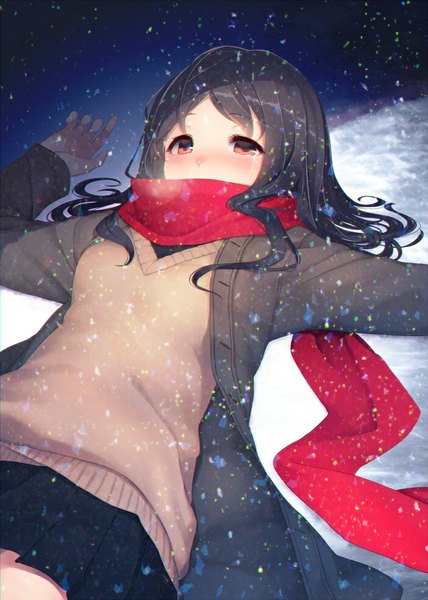 Anime picture 700x982 with original ac (eshi) single long hair tall image looking at viewer blush fringe black hair red eyes lying pleated skirt open clothes open jacket on back tears snowing winter snow girl