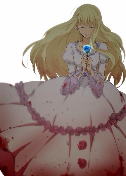 Anime picture 700x973 with aldnoah.zero a-1 pictures asseylum vers allusia kashiwagi akira single long hair tall image fringe simple background blonde hair white background holding green eyes wide sleeves puffy sleeves floating hair looking down bloody clothes girl dress