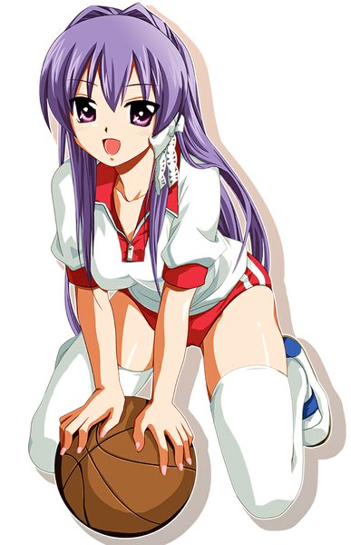 Anime picture 600x930 with clannad key (studio) fujibayashi kyou bizen yasunori single long hair tall image looking at viewer fringe breasts open mouth light erotic smile purple hair pink eyes basketball thighhighs uniform hair ornament white thighhighs