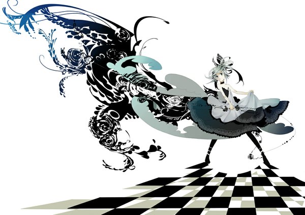 Anime picture 1169x826 with original bati15 (bachiko) blue eyes silver hair checkered floor floor girl dress