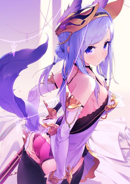 Anime picture 848x1200 with original azumi akitake single long hair tall image looking at viewer blush fringe breasts light erotic large breasts standing purple eyes bare shoulders animal ears payot cleavage purple hair ass tail