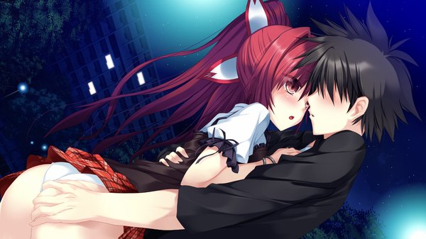 Anime picture 1280x720 with koiken otome yasukuni akane tateha (marvelous grace) long hair blush short hair light erotic black hair red eyes wide image game cg ass ponytail red hair night couple hug girl boy underwear