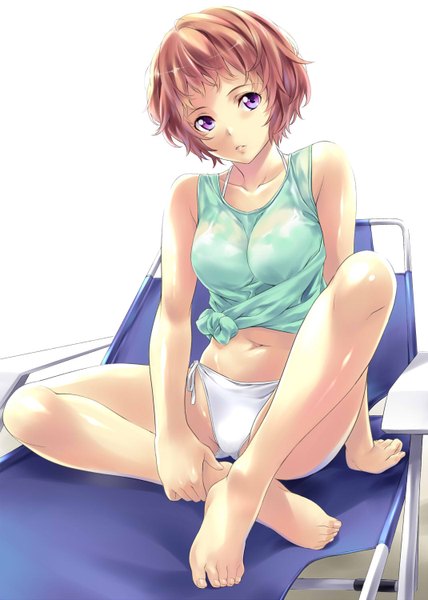 Anime picture 1070x1500 with aldnoah.zero a-1 pictures rayet areash yoriyuki chiyo single tall image looking at viewer short hair breasts light erotic simple background brown hair white background purple eyes barefoot bare legs tied up girl navel transparent clothing