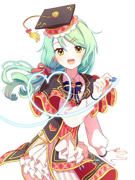 Anime picture 1200x1600 with bang dream! hikawa sayo mochizuki mochi single long hair tall image looking at viewer blush open mouth simple background white background green eyes long sleeves :d green hair teeth floating hair low ponytail heart of string girl