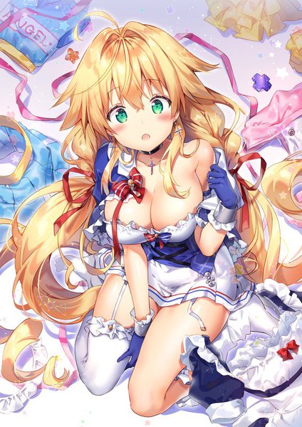 Anime picture 566x800 with azur lane le temeraire (azur lane) riichu single tall image looking at viewer blush fringe breasts open mouth light erotic blonde hair hair between eyes large breasts sitting green eyes payot cleavage ahoge braid (braids)