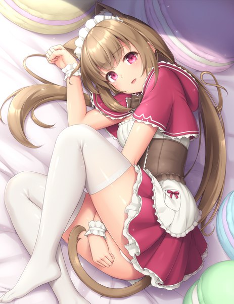 Anime picture 920x1190 with original sasaame single long hair tall image looking at viewer blush fringe open mouth light erotic hair between eyes brown hair animal ears payot full body bent knee (knees) tail lying animal tail pink eyes