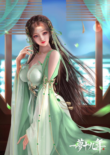 Anime-Bild 2480x3508 mit zhu xian bi yao tagme (artist) single long hair tall image looking at viewer highres brown hair standing sky indoors braid (braids) nail polish traditional clothes wind realistic off shoulder wide sleeves grey eyes
