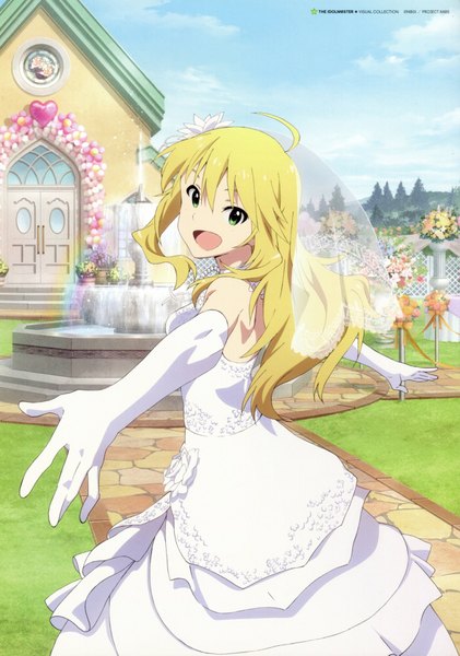 Anime picture 1280x1823 with idolmaster idolmaster (classic) hoshii miki single long hair tall image open mouth blonde hair green eyes looking back scan spread arms girl dress gloves flower (flowers) elbow gloves wedding dress