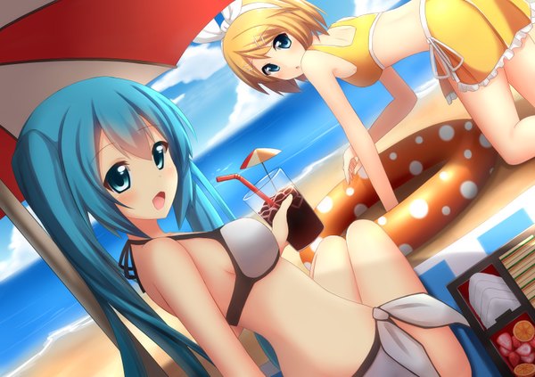 Anime picture 3400x2400 with vocaloid hatsune miku kagamine rin onamae-kun long hair looking at viewer blush fringe highres short hair breasts open mouth blue eyes light erotic blonde hair sitting twintails multiple girls absurdres bent knee (knees)
