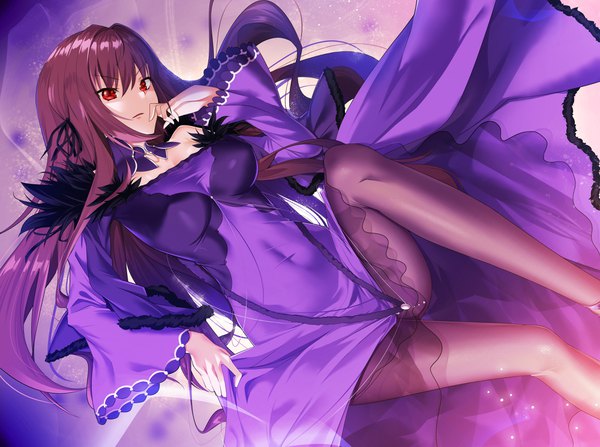 Anime picture 4000x2980 with fate (series) fate/grand order scathach (fate) (all) scathach skadi (fate) blbc2 single long hair looking at viewer fringe highres breasts light erotic hair between eyes red eyes payot absurdres purple hair bent knee (knees) wide sleeves fur trim