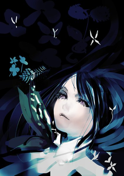 Anime picture 1000x1415 with original pump single long hair tall image black hair purple eyes black background face girl flower (flowers) insect butterfly