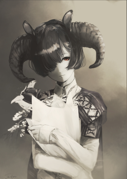 Anime picture 707x1000 with original yugeoryouki single tall image looking at viewer fringe short hair black hair brown eyes signed animal ears head tilt horn (horns) hair over one eye hug pale skin spot color sheep girl sheep ears sepia