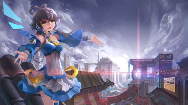 イラスト 3840x2160 と ボーカロイド vocaloid china 洛天依 renyu1012 ソロ 長髪 カメラ目線 前髪 highres おっぱい 開いた口 黒髪 笑顔 hair between eyes 茶色の髪 wide image 立つ ツインテール 緑の目 absurdres