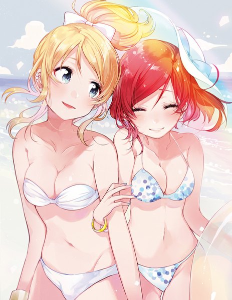 Anime picture 744x963 with love live! school idol project sunrise (studio) love live! nishikino maki ayase eli fly (marguerite) long hair tall image blush short hair breasts blue eyes light erotic blonde hair smile standing bare shoulders multiple girls looking away sky